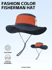 Summer Patchwork Outdoor Camping Fisherman Hat, Unisex Casual Foldable Wide Brim, Wind Rope Design, Mesh Beach Sunshade Cap, Adjustable