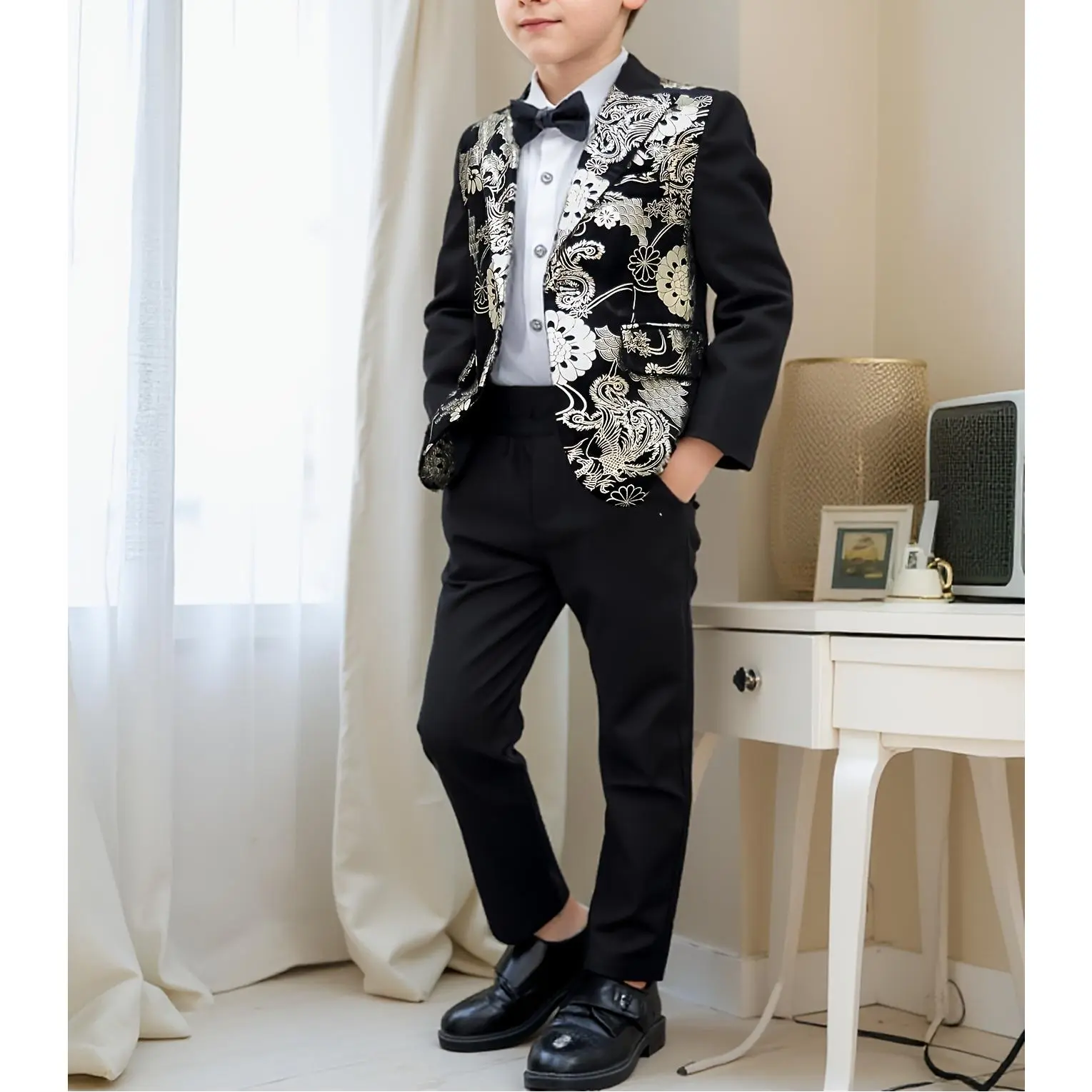 Boys' Camo Print Set, 3-Piece Formal Suit for Spring/Summer, Regular Fit Outfit with Jacket, Pants & Bow Tie, Ages 4-5Y, 5-6Y, Long Sleeve