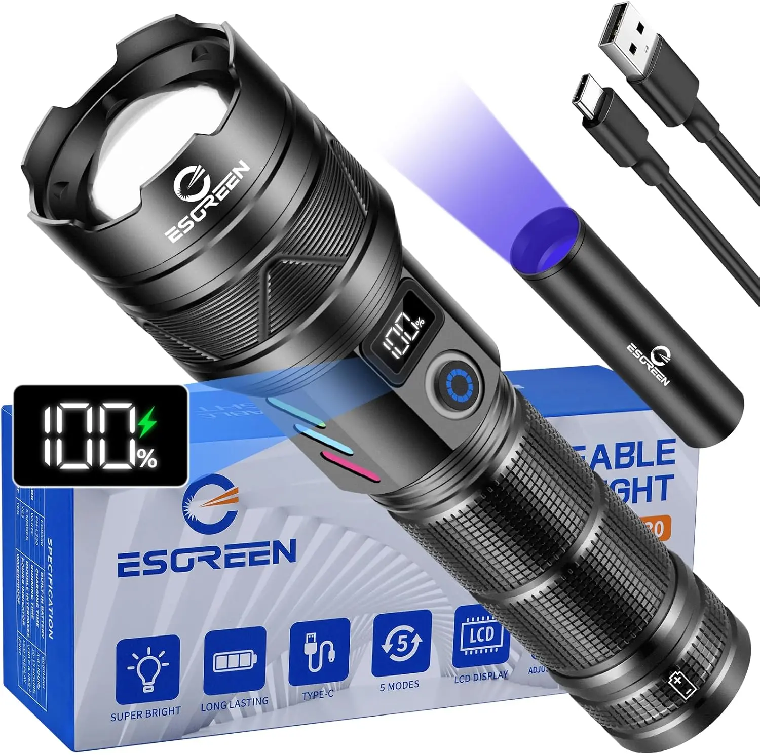 Rechargeable Flashlights 10000 High Lumens, Long Range 5000ft, Super Bright LED Flashlight USB C, High Powerd Multi-functional Heavy Duty Strong Flash Light High Beam, For Emergency Home Camping