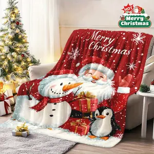 Cozy Christmas Fleece Blanket with Santa, Snowman & Penguin - Soft, Warm Polyester Throw with "Merry Christmas" Text for Naps, Camping, Travel, Office & Home Decor - Ideal Holiday Gift for Friends & Family