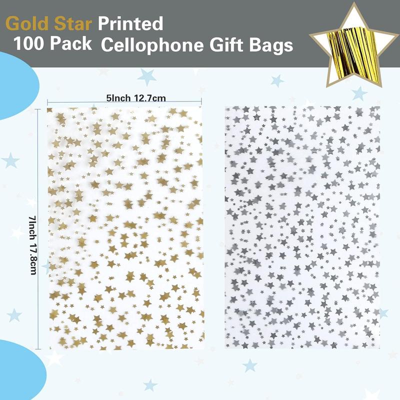 100 Pcs Star Printed 5"X 7" Gift Wrap Cello Cellophane Treat Bags Party Favor bags Clear Candy Cookie Bag Plastic Poly Goodie Storage Bag with Twist Ties for Bakery,Birthday, Wedding ,Party Decorations (Gold)