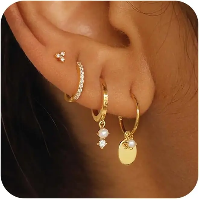 Gold Earrings For Women, Dainty Huggie Earrings Stack 14K Gold Plated Pearl Dangle Earrings for Women Trendy Cute Hypoallergenic Unique Gold Earring Stack Fashion Gold Jewelry Gifts
