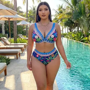New women's bikini featuring an abstract floral print with an ethnic digital design; a stylish, sexy, and adjustable push-up swimsuit perfect for beach vacations.plus