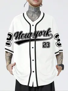 Men's Regular Fit New York Print Baseball Jersey, Sports Style Jersey, Casual Sports Jersey, Jersey Shirt, Casual Fashion Comfy Baseball Collar Top for Daily Wear, Men's Sleepwear & Loungewear for All Seasons