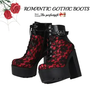 Women's Mid-Calf Boots Platform Chunky Heels Classic Round Toe Gothic Lace Up High Heel Boots for Girl Walking Shoes Combat Style Lace-Up Platform Sole