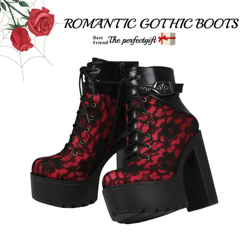 Women's Gothic Rubber Mid-Calf Combat Boots - Lace-Up Chunky Platform Block Heels, Round Toe Casual Rock Style Walking Shoes Statement Footwear