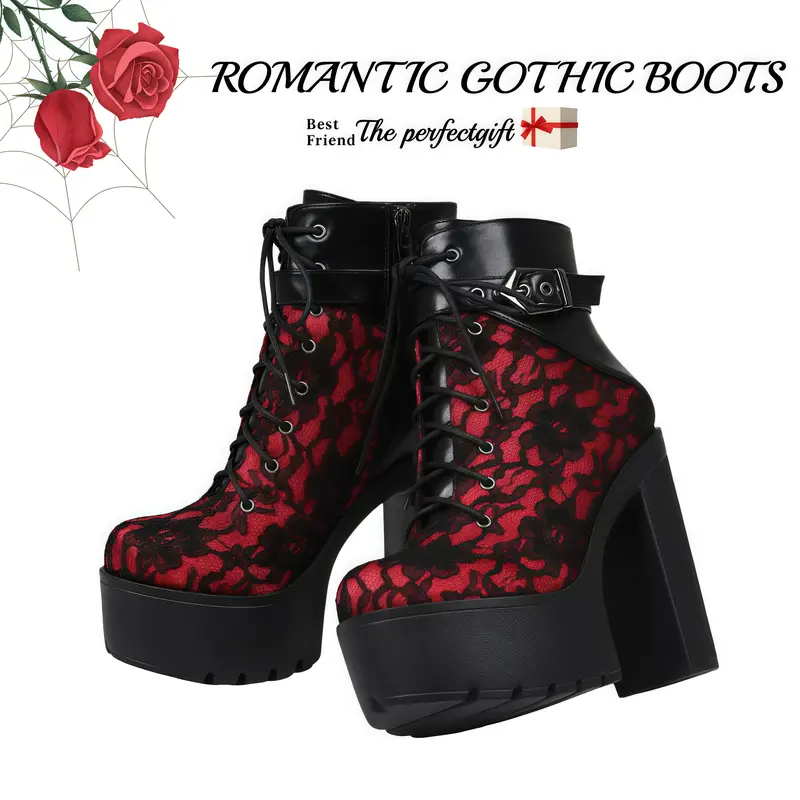 Women's Gothic Rubber Mid-Calf Combat Boots - Lace-Up Chunky Platform Block Heels, Round Toe Casual Rock Style Walking Shoes Statement Footwear