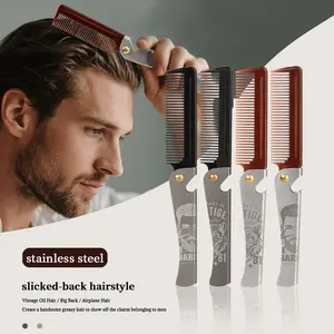 Stainless Steel Wide Tooth Comb with Carved Design, Vintage Oil Head Style Folding Beard Brush, Portable Electroplated Hair Grooming Tool, Barber Fade Combs, Hair Styling Combs