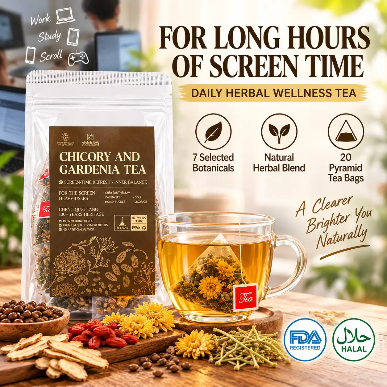 Chicory & Gardenia 7-Herb Pyramid Tea Bags, 20-Count, for Eye Support & Liver Care, Desk Essential for Heavy Screen Users