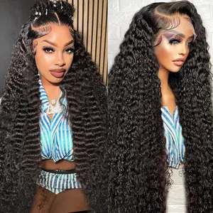 13x6 Deep Wave Lace Front Wigs Human Hair HD Transparent Lace Frontal Wigs 180 Density Water Wave Pre Plucked Bleached Knots Deep Curly Baby Hair Wet And Wavy Natural Black Fashion Vibe For Women #Summervibes