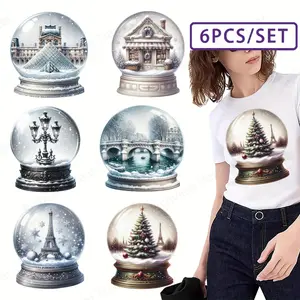 Snow Scene Crystal Ball Thermal Transfer Stickers Set, DIY Washable Iron-On Patches for T-Shirts, Winter Wonderland Designs