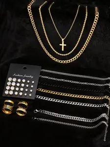 38-Piece Stainless Steel Jewelry Set, Men's Accessories, Zircon Earrings, Cross Necklace, Bracelet, Couple Jewelry, Daily Wear, Gift