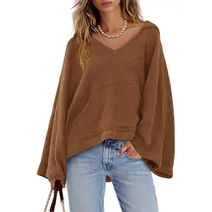 Womens V Neck Sweatshirt Oversized Hoodies Pullover Bell Sleeve Tops Trendy Loose Fit Sweatshirt with Pocket