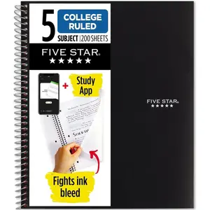 Spiral Notebook + Study App, 5 Subject, College Ruled Paper, 8-1/2" x 11", 200 Sheets, Fights Ink Bleed, Water Resistant Cover, Black (72081)