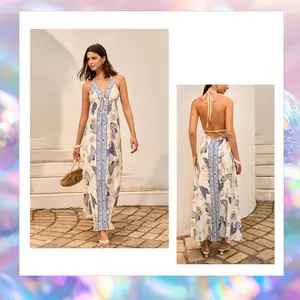 Halter Neck Floral Print Dress - Commense