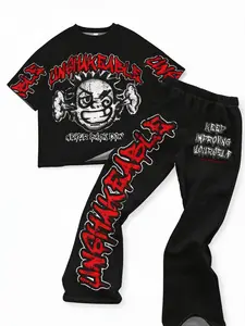 2-Piece Teen Boy Hip-Hop Street Pattern Set with Bell Bottoms, Ideal for School, Travel, Sports, Summer Wear, Daily Casual