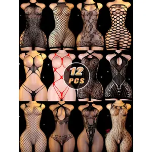 [Sexy Mesh Lingerie Set] 12pcs Women's Sexy Mesh Lingerie Set |   Hollowed-Out Fishnet Lingerie, Crotchless Bodysuit Stockings, Dress 6 + Bodysuit 2 + Pantyhose 4, Summer Beach Bikini Cover-Up