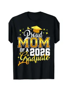 Men'S Plus Size 2026 Graduation Proud Mom of a Graduate T-Shirt - Black Relaxed Fit Short Sleeve with Golden Lettering & Cap Design, Comfortable Round Neck Casual Academic Achievement Gift for Parents