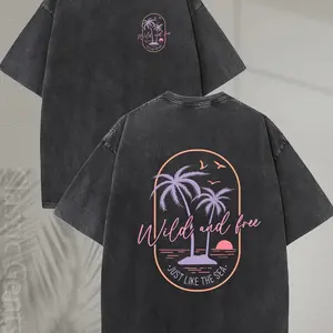 Men's Heavyweight Washed Cotton T-Shirt - Vintage Surf Style Tropical Beach Sunset Palm Tree & Surf Graphic Print, Light Pink & Orange Retro Design, Oversized Relaxed Fit Crew Neck Short Sleeve, Soft Breathable Fabric for Vacation, Surfing, Casual tiktoks