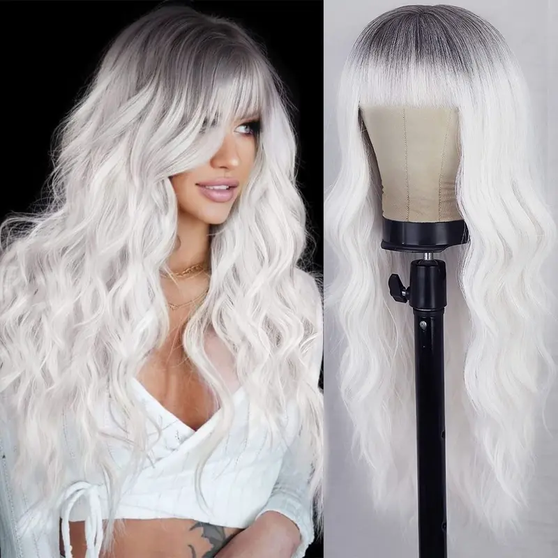 Sohochic AISI HAIR Women's 21.5-22.5 Inches Ombre Wavy Synthetic Full Machine Wig with Bangs - Heat-Resistant Platinum Blonde, Soft Curly, Advanced Material, Long-Lasting for Beginner Daily & Party Use, Ombre Wavy Wig