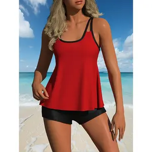Plus Size 2-Piece Swimsuit Set - Red A-Line Cut Tank Top with Vest Support, Quick-Dry High-Waisted Black Full Coverage Shorts, Elegant Design TD-C02-06-L, 2-Piece Sets, Two Piece Sets