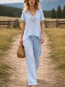 2 Piece Linen Set Women Summer Outfit – V Neck Loose Top & Wide Leg Pants, Casual Lounge Matching Set, Comfy Travel Vacation Outfit Plus Size