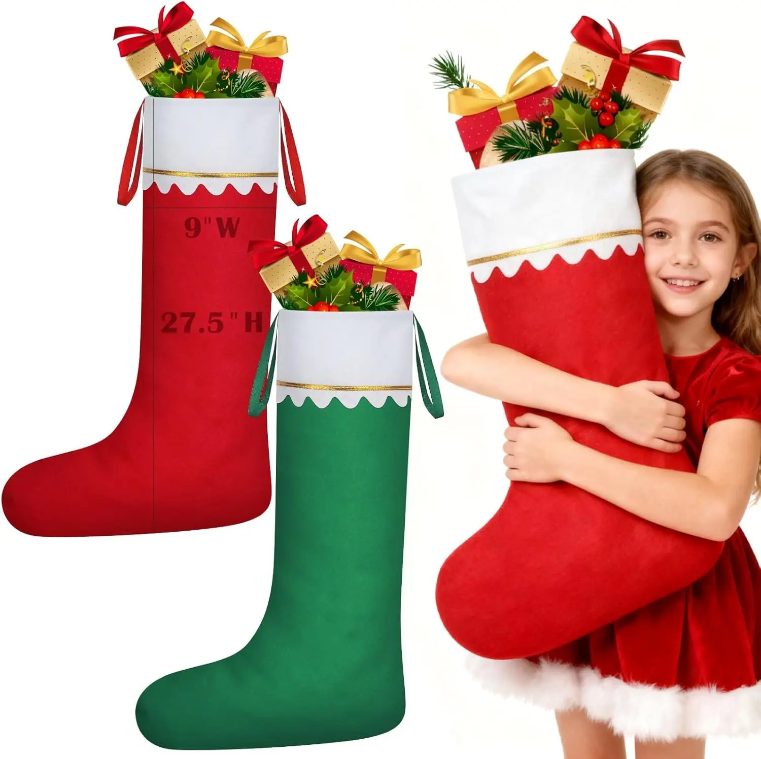 2-Pack 27.5" Jumbo Large Felt Christmas Stockings with Dual Hooks, Oversized Red & Green Family Stockings for Fireplace Hanging, Holiday Party Decor, Christmas Gift Stuffers