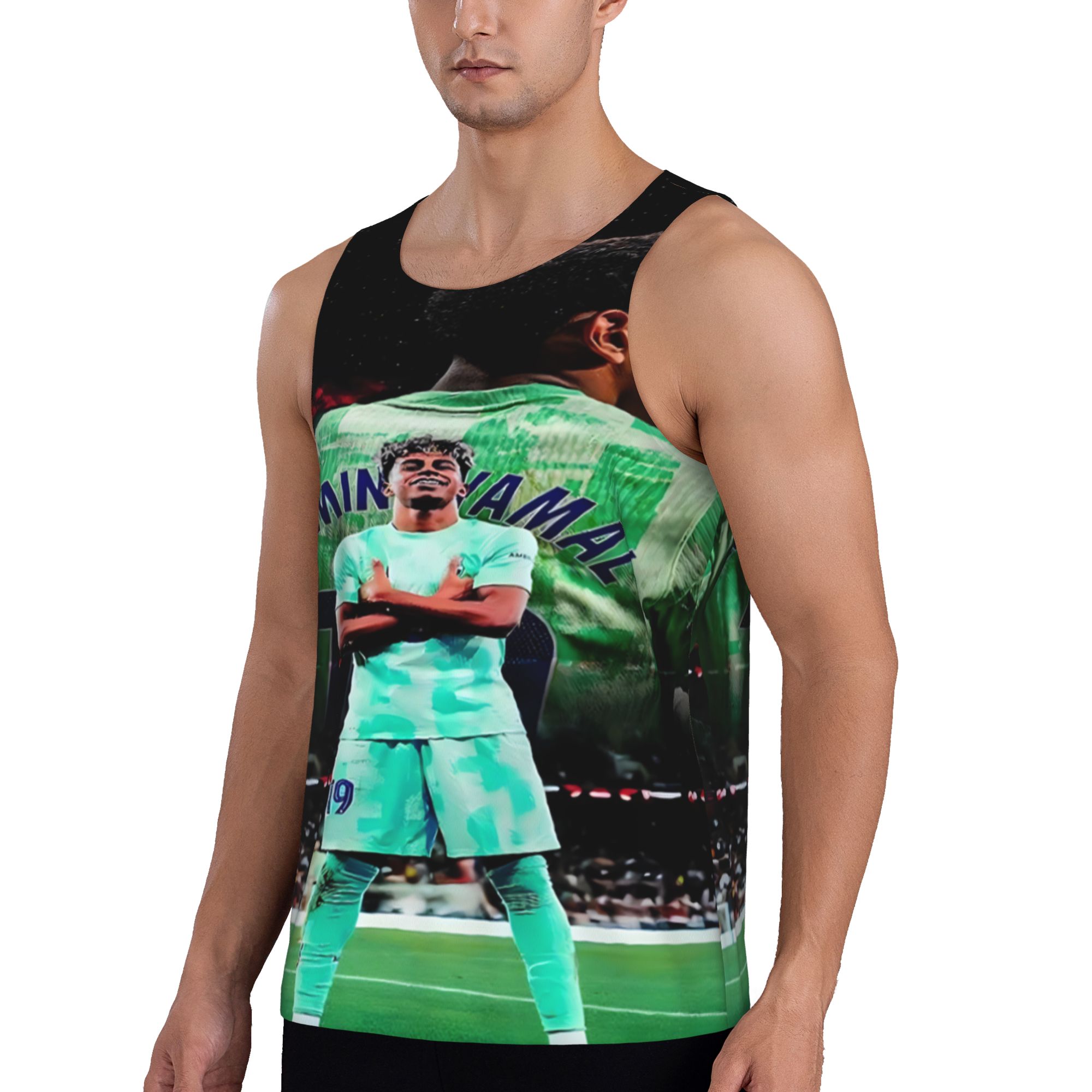 Stand Out With Yamal! Barcelona Mint Green Graphic Muscle Tank Barcelona Lamine Yamal #19 Print Muscle Shirt Summer Vest for Soccer Lovers