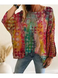 Spring/Summer style, boat neck with diamond cutout, batwing drop shoulder loose fit, long-sleeve women's knitted top with contrast rainbow letter print, vacation style, casual and elegant for commuting, women's vest cover-up, bikini cover-up.