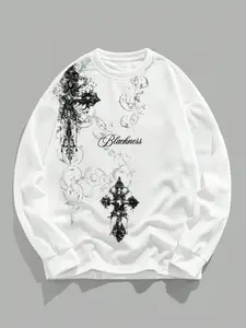 Men's Kpop Gothic Cross Print Waffle Fabric Fitted Long Sleeve Pullover Sweatshirt, Streetwear, Daily Wear, Fall Winter, Casual Fashion