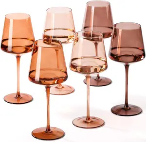 Venus Hand Blown Brown Wine Glasses Set of 6-18oz with Tall Long Stems and Flat Bottom, Unique Gift for Wine Lovers - Drinkware