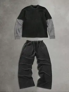 Comfortable Cotton Two-Piece Colorblock Patchwork Hoodie Set, Sweatshirt, Loose Fit Street Style, Long Sleeve, Fall & Winter Fashion, Dual Pockets, Outfit