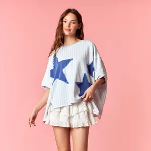 Solid Stars Patches on Top Gingham Print French Terry Dolman Sleeve Sweatshirts
