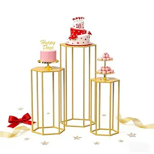 Cylindrical stand with hexagonal gold base, metal flower stand for parties, three-piece set, high cake stand, living room and terrace decorationGraduation season, wedding season, spring, summer,Valentine's Day decorations