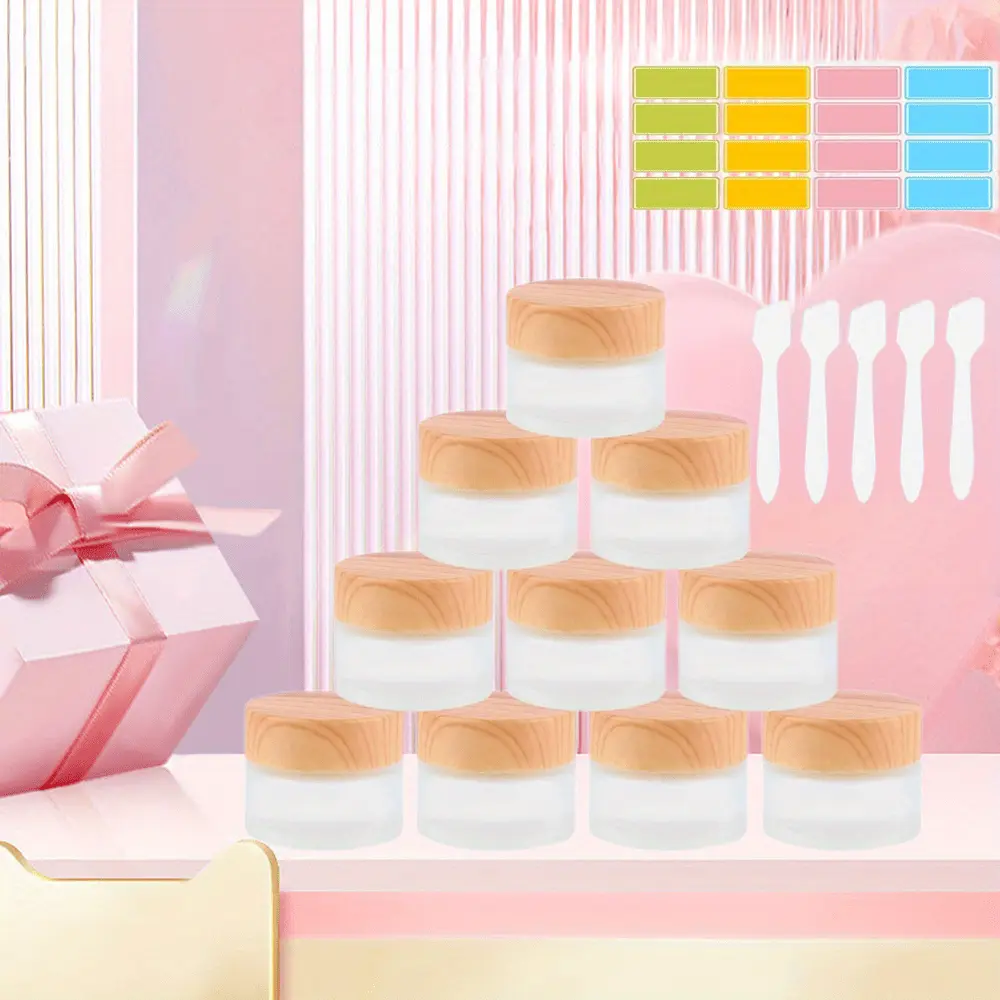 10pcs Frosted Glass Cosmetic Jars with Wood Grain Lids, Refillable & Leak-Proof, Empty Sample Containers for Makeup, Lotion, Eye Creams, Scrub Cream - with 5 Spatula and Label Stickers Bottles Plastic