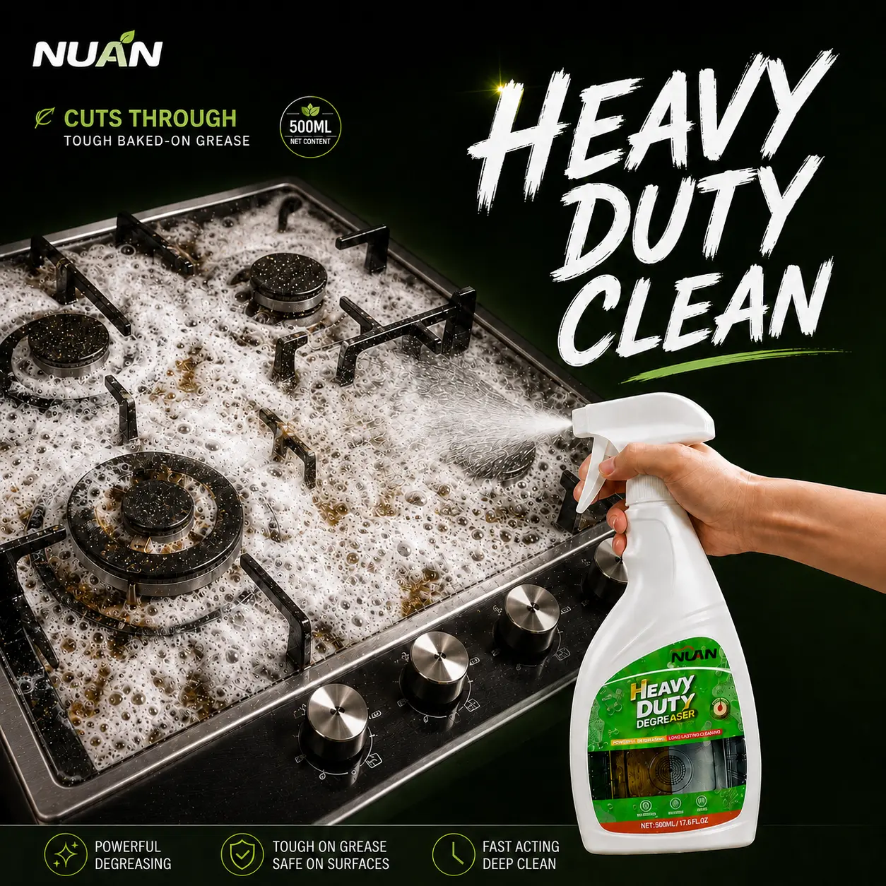 NUAN heavy duty degreaser-Range Hood Cleaner Spray, Heavy Duty Kitchen Grease Remover for Hood Filters, Stovetops, Backsplash & Stainless Steel Surfaces-M2
