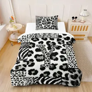 2/3 Pcs Leopard Print Letter Comforter Set, Black and White Animal Patchwork Monogram Bedding Kit, Soft and Comfortable Fabric, Perfect for Bedroom Decoration, Ideal Gift Choice, Pillow Inserts Not Included, Comforter with Filling