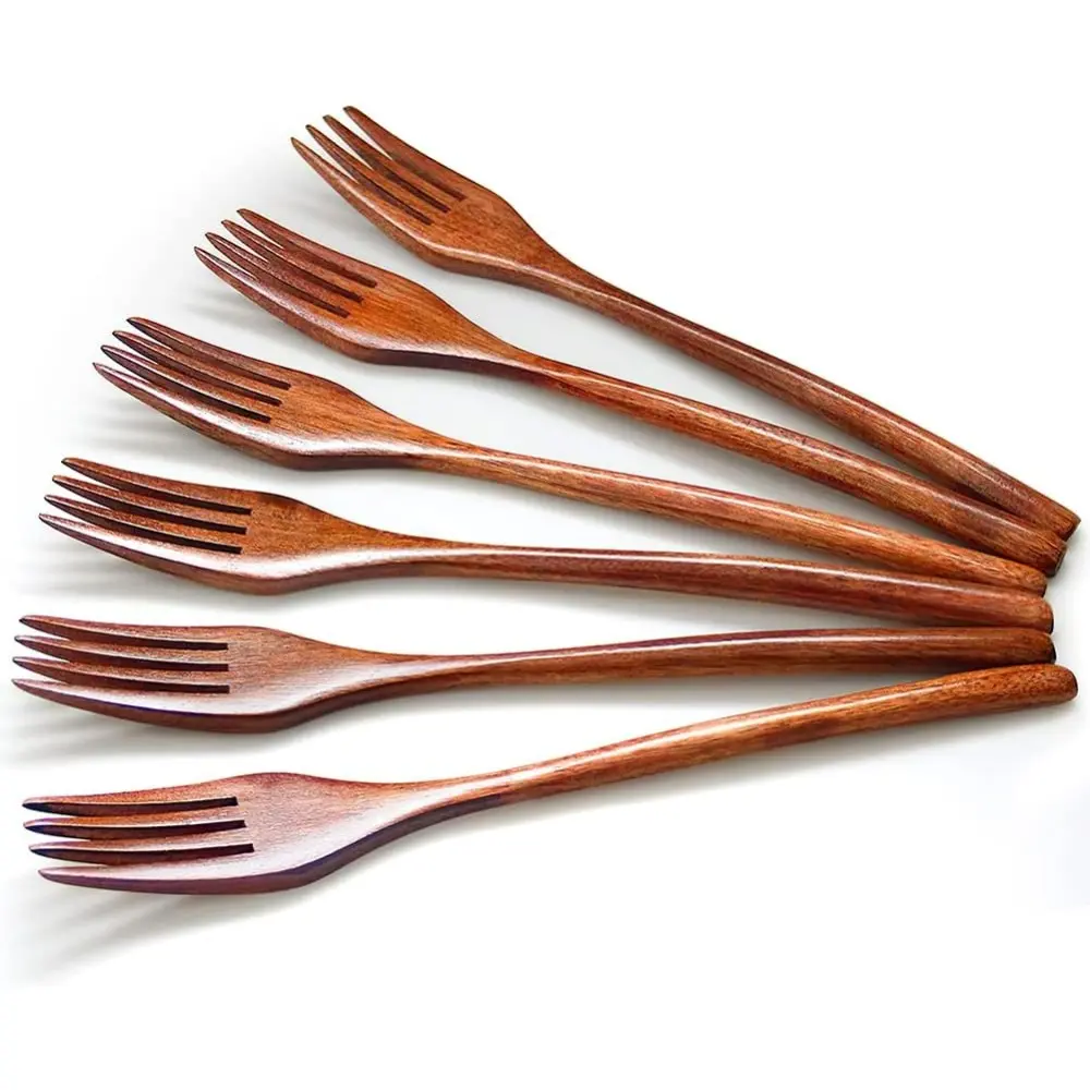 6-Piece Reusable Handmade Natural Wood Forks Set - Eco-Friendly Japanese Kitchenware Cutlery Tableware, Safe Smooth Skin Design for Salad, Cooking, Fishing