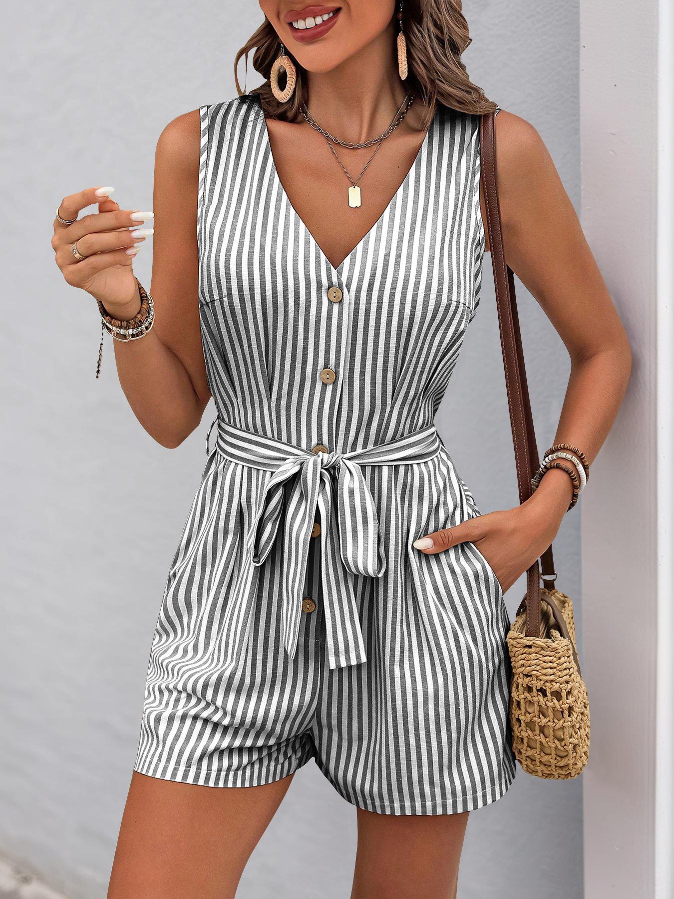 V-neck Sleeveless Striped Jumpsuit Short Pants