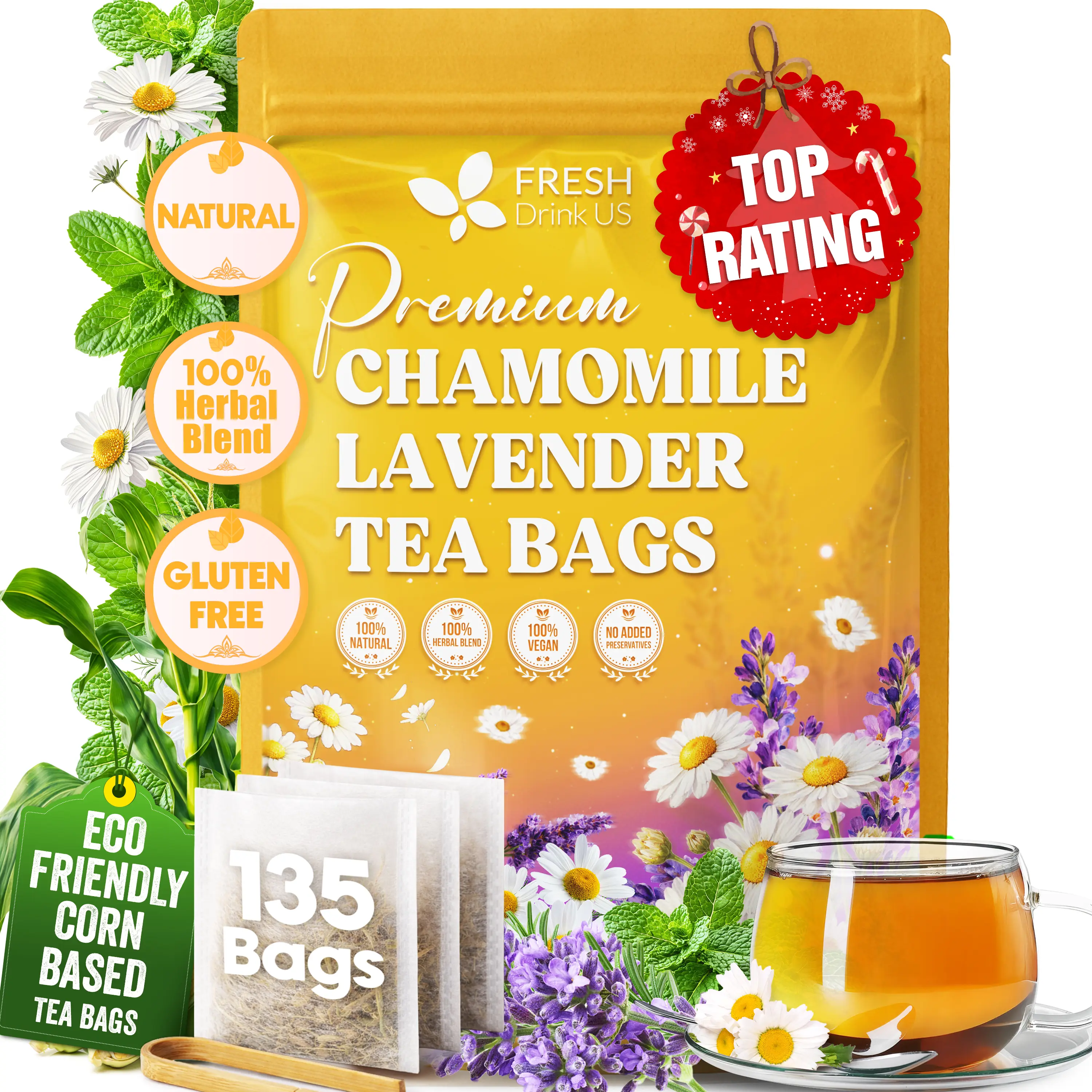 【FreshDrinkUS】 135 Chamomile Lavender Tea Bags, 100% Natural Ingredients, Hand-made Blend of Chamomile and Lavender Flowers, Eco-conscious Tea Bags. Chamomile Lavender Herbal Tea. No Sugar, No Caffeine, No Gluten, Vegan. Beverage