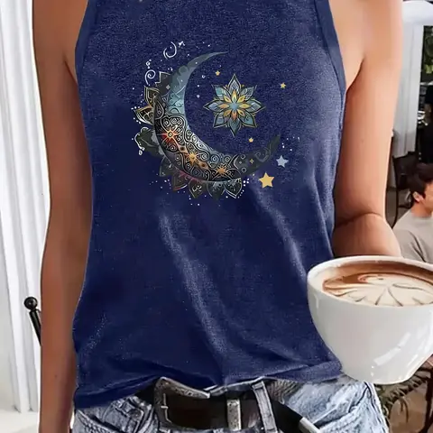 Women's Moon & Star Print Round Neck Knit Tank Top, Casual Sleeveless Top for Summer, Casual Everyday Top, Ladies Clothes for Daily Wear, Socks
