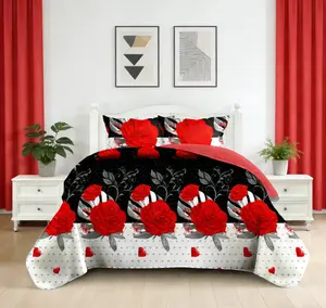 Red Rose and Heart Print 9 Piece Bedding Set Soft Microfiber Bedspread Pillowcases and Curtains Combo All Season Bedroom Decor Kit for Romantic Refresh