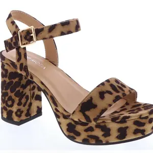 Lady Heels Leopard Print Ankle Strap Sandals with Gold Buckle Detailing