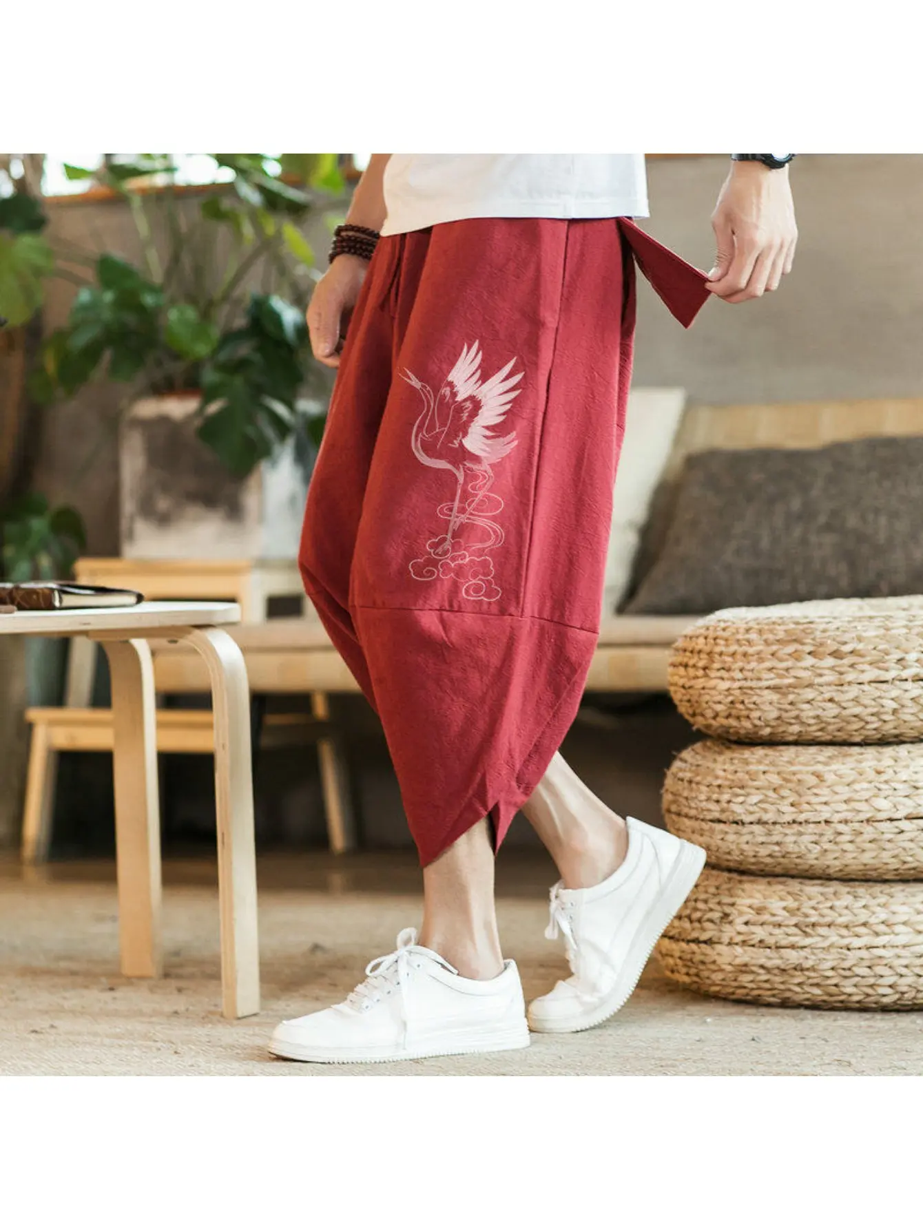2026 Summer Chinese Style Summer Thin Cropped Pants Men's Retro Loose Bloomers Harem Pants Embroidered Beach Pants