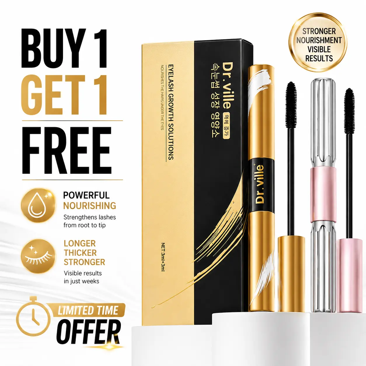 【Buy 1 Get 1 Free】Dr.ville Dual-Ended Mascara - 2-in-1 Lengthening & Volumizing Waterproof Mascara, Smudge-Proof Lightweight Lash Makeup, Natural & Bold Looks, 10ml