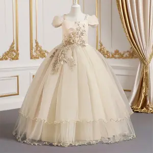 Girls Mesh Dresses Princess Wedding Elegant Long Gown Children Birthday Party Tutu Dress Teenager Shoulderless Vestidos 6-14Y