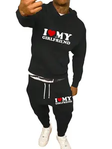 Men's Black Hoodie & Pants Set with "I Love My Girlfriend" Print - Stylish Casual Streetwear with Slight Stretch & Detailed Pockets