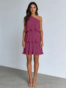 A women's solid color fashionable chic elegant off-shoulder layered spliced hem dress, suitable for summer, daily casual wear, vacations, gatherings, and other occasions.