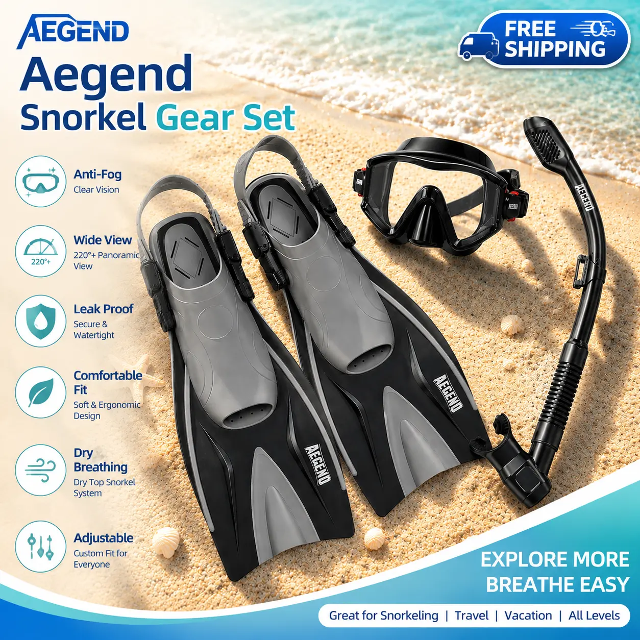 Aegend Snorkeling Gear for Adults Men Women: Anti-Fog Panoramic Mask Set, Adjustable Fins & Dry Top Snorkel – All-in-One Travel Snorkel Set for Swimming, Diving & Snorkeling