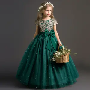 Luxury Elegant Dress for Kids Girls Embroidery Lace Vintage Formal Prom Gown Plying Sleeve Birthday Party Princess Dresses Wedding Evening Long Dress Christmas Dress for Kids
